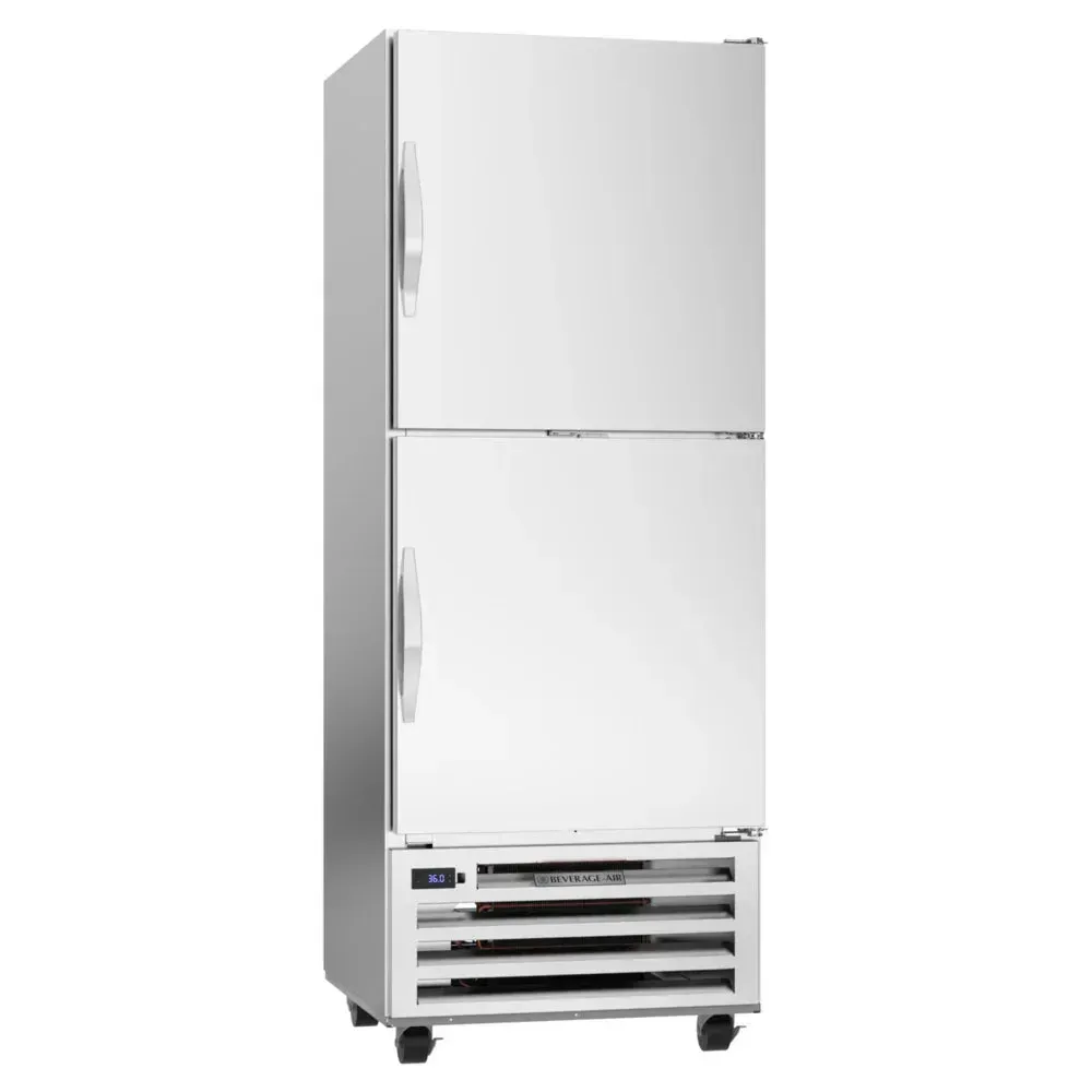 Pass-thru refrigerator with two solid half-doors from Beverage-Air, allowing front and back access to improve workflow in busy kitchens.