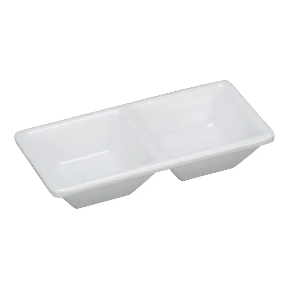 Yanco China white melamine rectangular Rome compartment dessert dish with dual sections, perfect for duo desserts and creative plating styles.