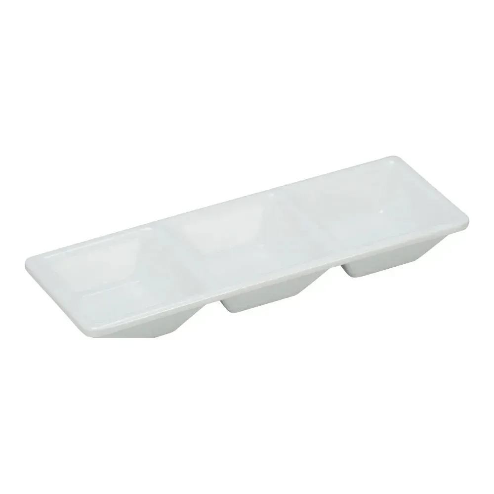 Yanco China white melamine rectangular Rome compartment dessert dish with elegant divided design, ideal for tasting flights and sweet pairings.