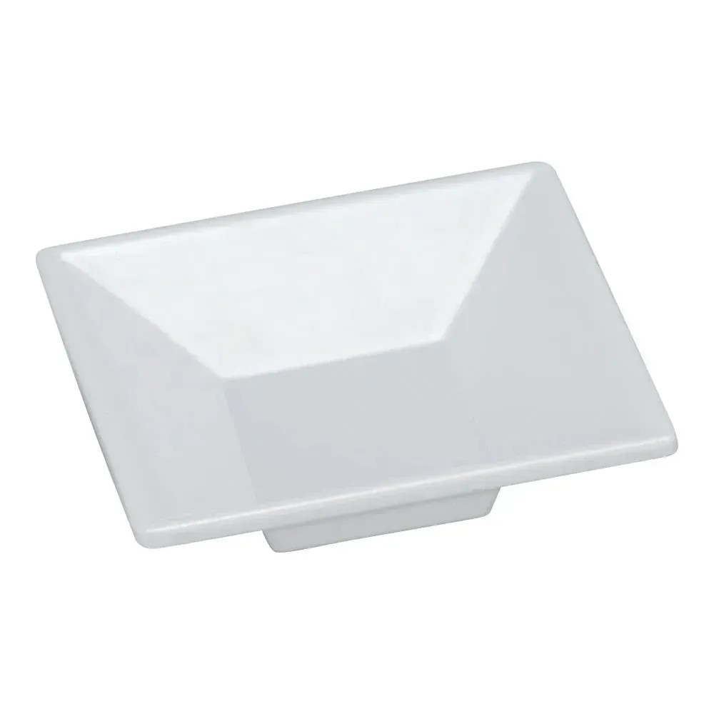 Yanco China white melamine small square Rome dish in petite size, ideal for serving condiments, tapas, or elegant amuse-bouche at restaurant or event.