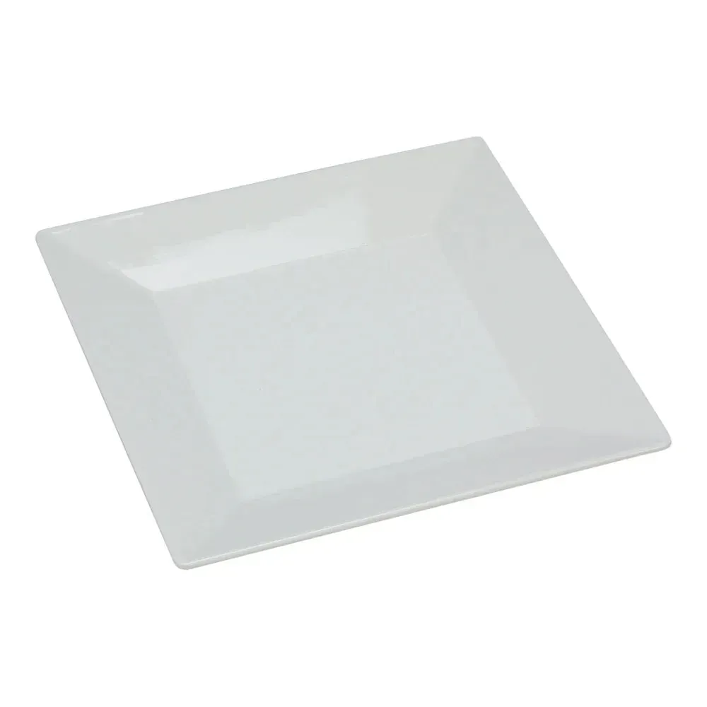 Yanco China white melamine square Rome plate with timeless square shape, perfect for upscale banquets, fine dining, or contemporary table settings.