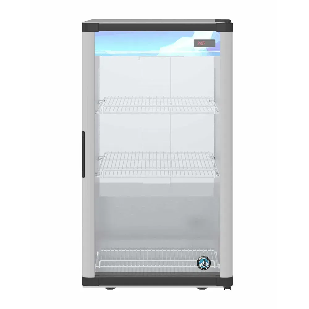 Countertop front access refrigerator from Hoshizaki America with a swing door and silver finish, ideal for compact and quick access storage.