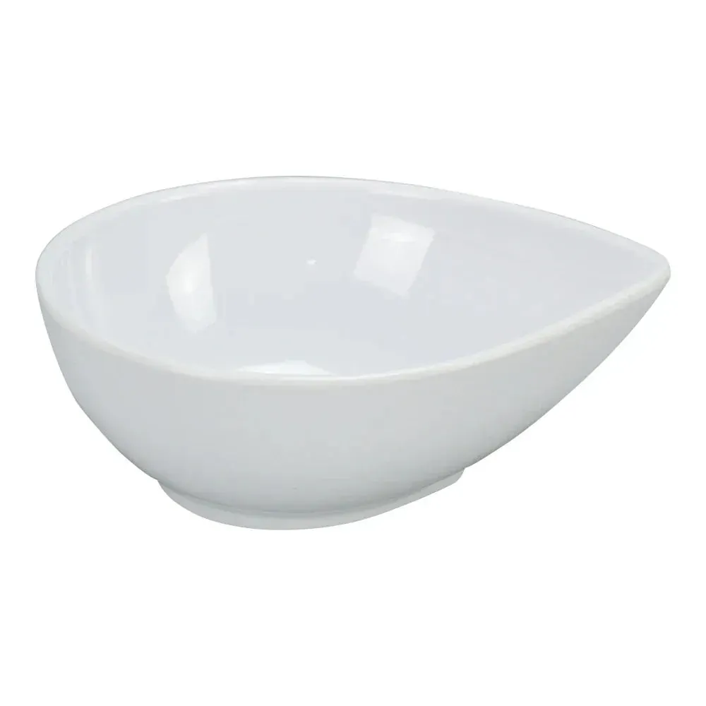 Yanco China white melamine water drop Rome dish in tiny glossy style, perfect for sauces, dips, or refined amuse-bouche presentations.