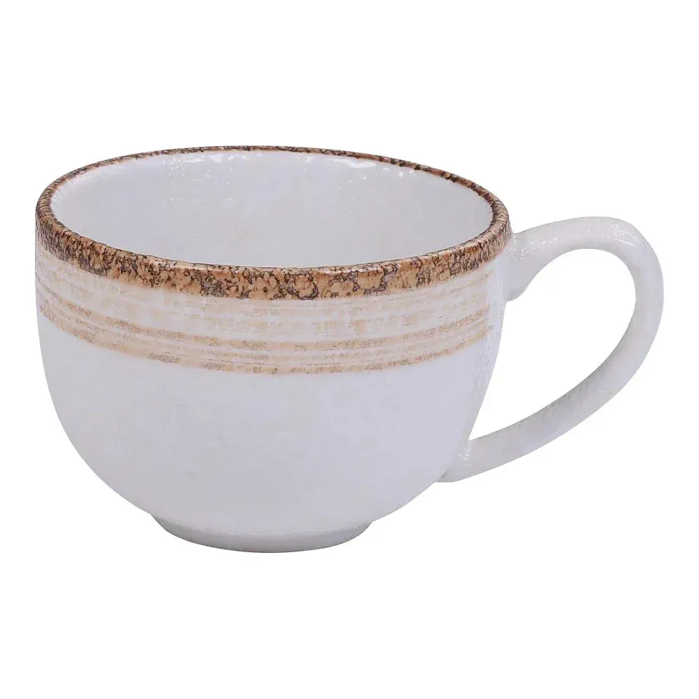 Yanco China two-tone chinaware coffee cup in white and taupe classic design, ideal for coffee, tea, or hot chocolate service.