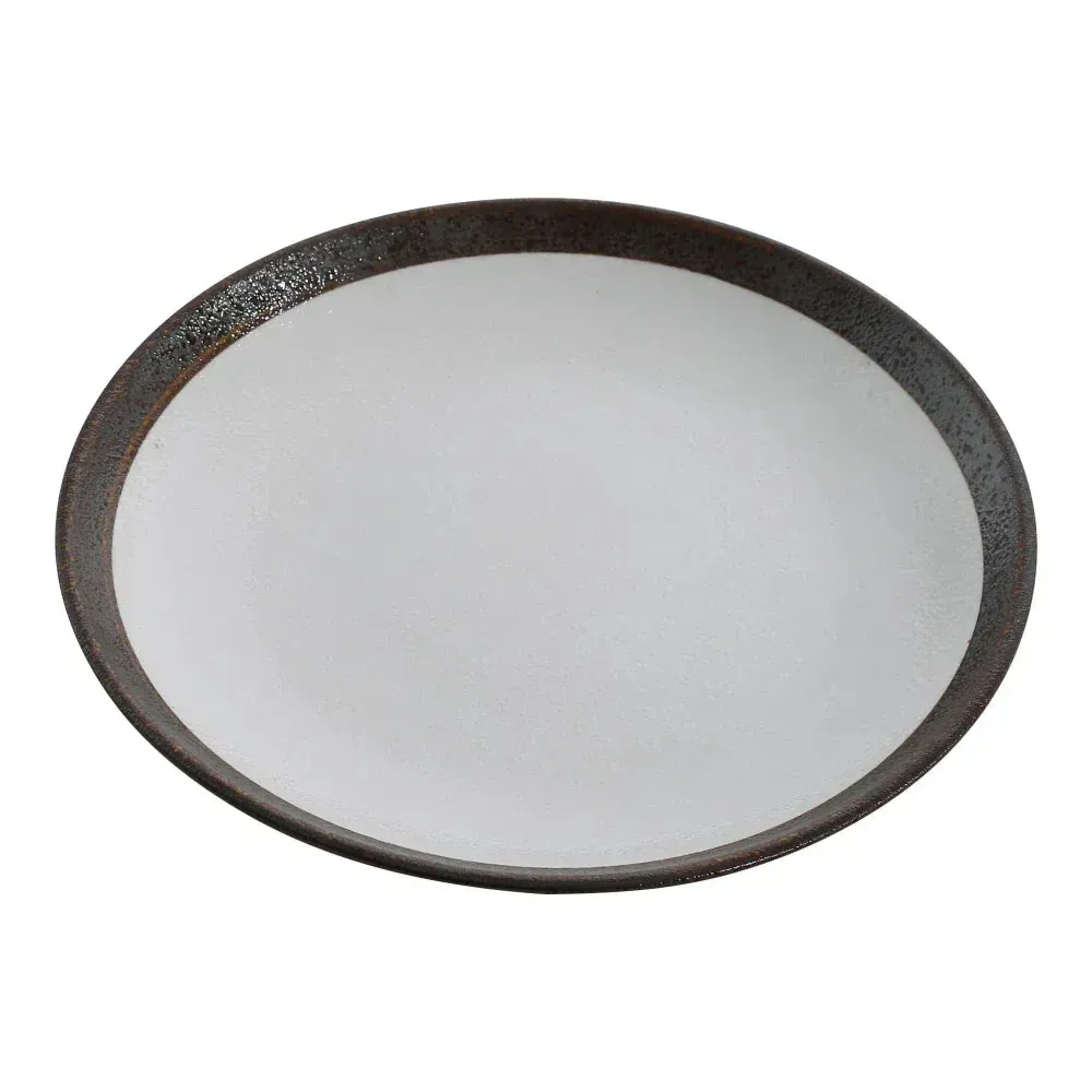 Yanco China two-tone round coupe dinner plate in white and taupe, wide-rim design, perfect for formal dining presentations and elegant meals.