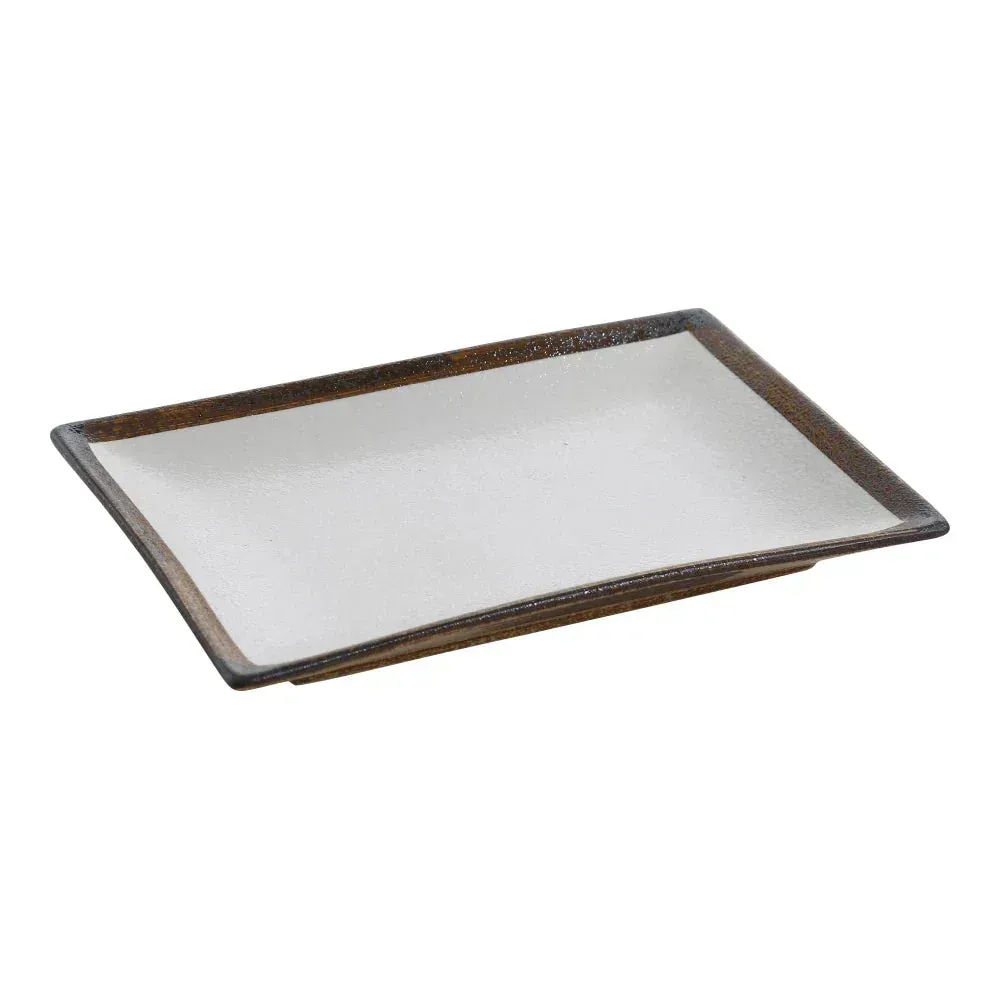 Yanco China two-tone rectangular dinner plate in white and taupe, elongated style, perfect for contemporary plated entrées in modern dining.