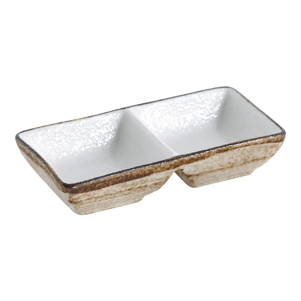 Yanco two-tone double divided sauce dish, practical and elegant, ideal for serving sauces or condiments in restaurants and cafes.