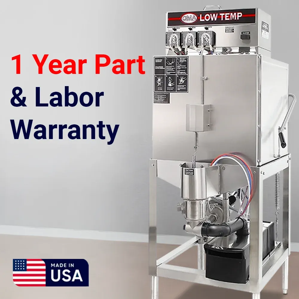 single-rack upright low-temp CMA dishwasher fits pots, trays, and pans in compact kitchen spacesideal for glassware and cookware cleaning.