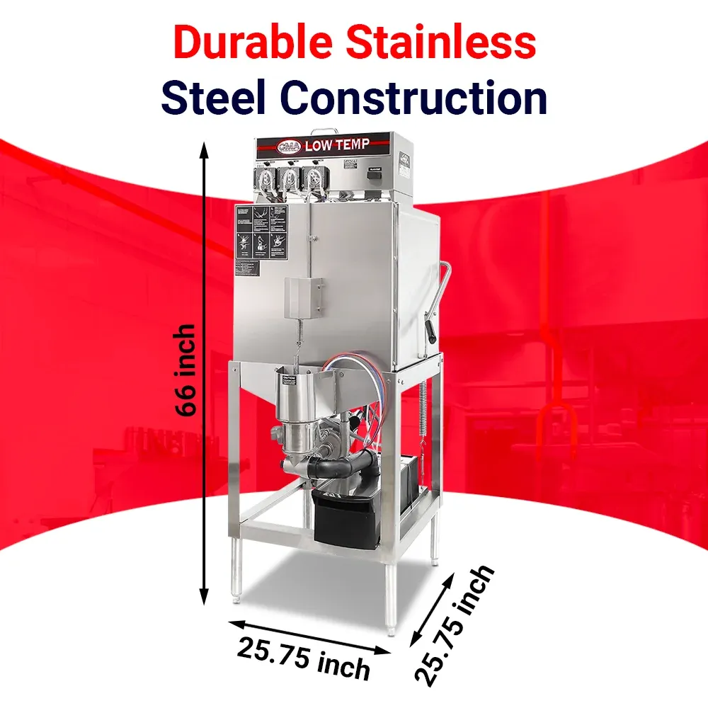 single-rack upright low-temp CMA dishwasher fits pots, trays, and pans in compact kitchen spacesideal for glassware and cookware cleaning.