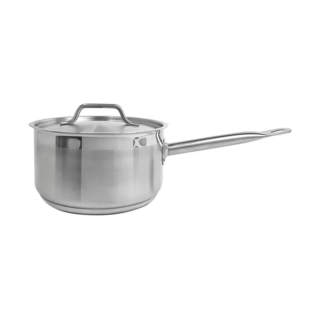 Durable stainless steel sauce pan by Thunder Group featuring a sturdy lid and two handles for easy and safe handling in busy kitchens.