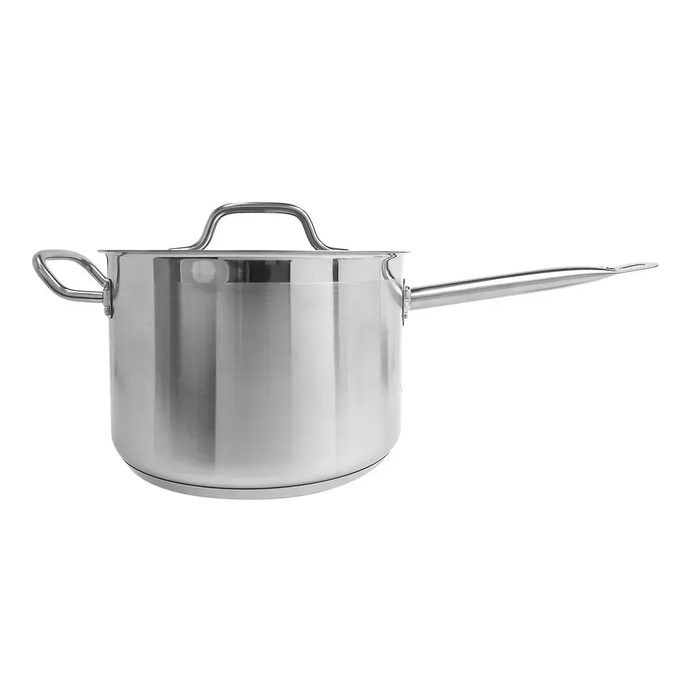 Stainless steel sauce pan from Thunder Group with a secure lid and long handle, suitable for simmering and sauce preparation in kitchens.