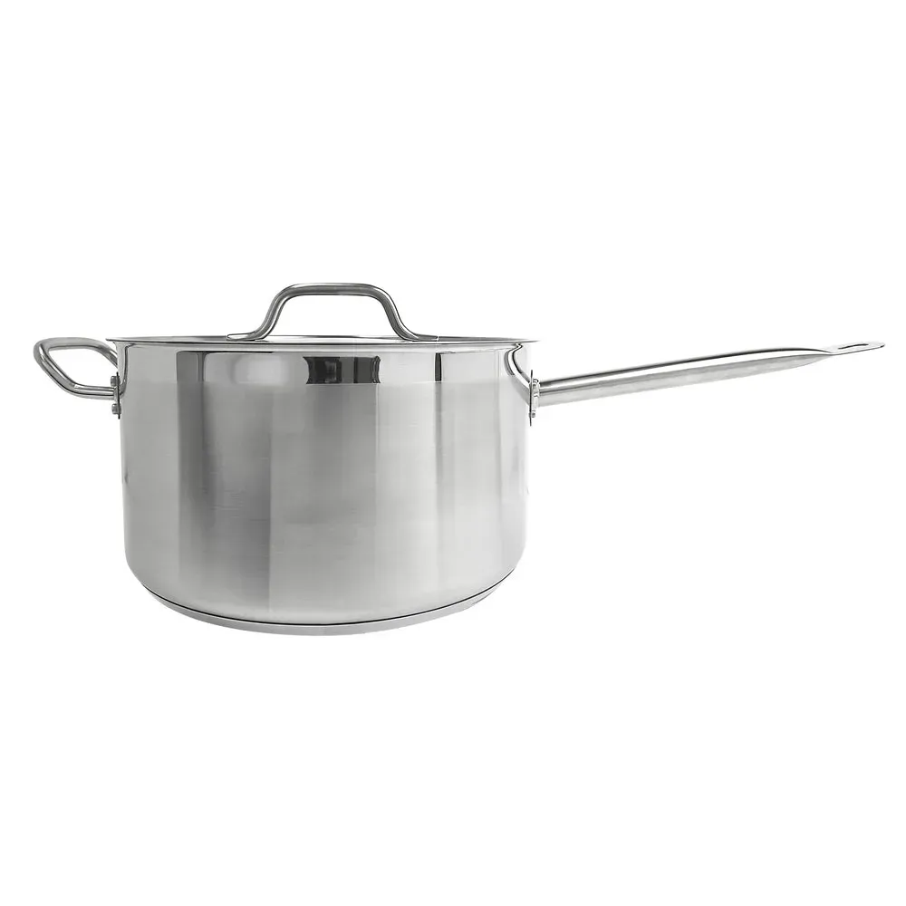 Large stainless steel sauce pan from Thunder Group with a matching lid, a heavy duty and durable choice for professional kitchen performance.