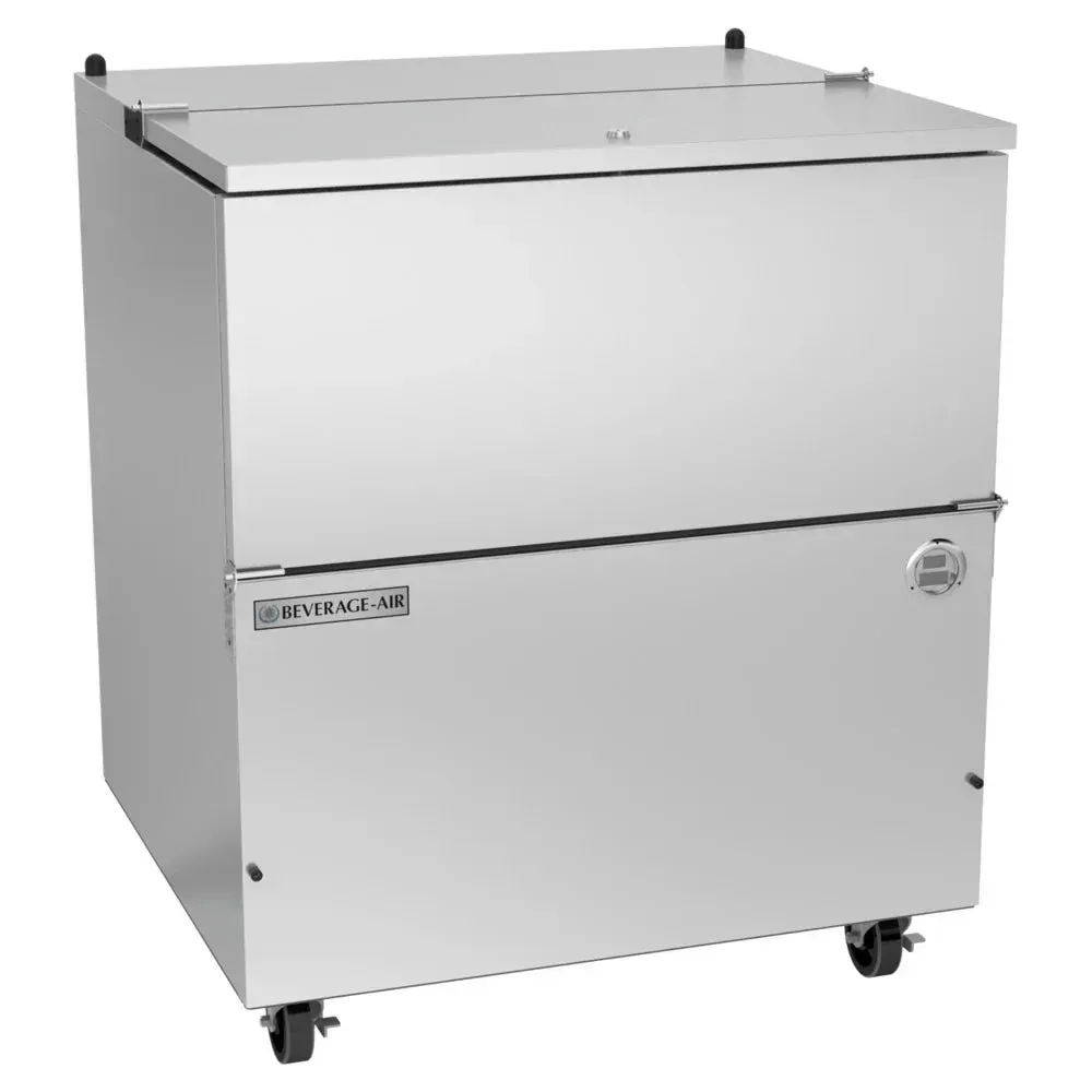 Stainless steel milk cooler with commercial-grade build from Beverage-Air, offering easy single-sided access for chilled milk service.