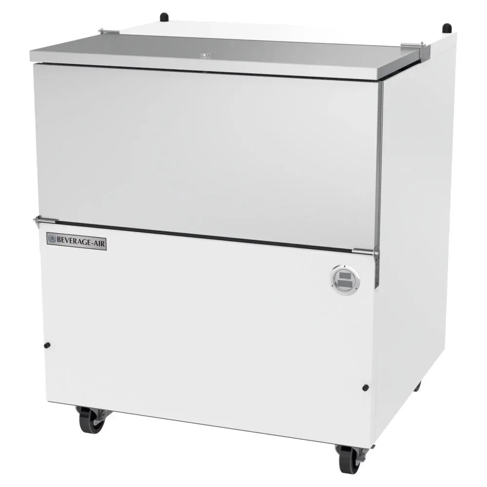 White milk cooler with stainless interior from Beverage-Air, compact single-sided design perfect for efficient access in tight back areas.