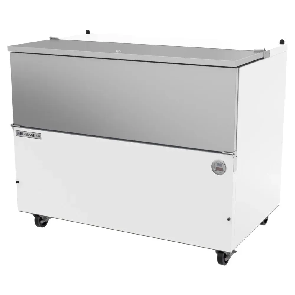 White milk cooler with stainless interior from Beverage-Air, offering single-sided access for efficient cafeteria service and temperature control.