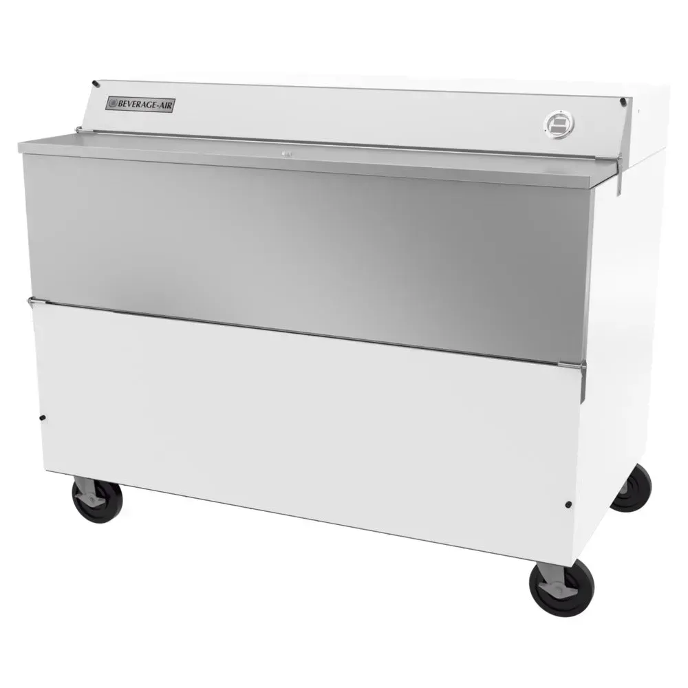 White forced-air milk cooler with stainless steel interior by Beverage-Air, designed for rapid cooling and durable use in busy settings.