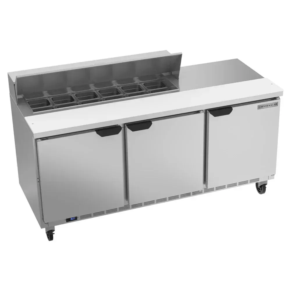 Beverage-Air three-door refrigerated sandwich prep table with sleek stainless steel finish for commercial durability and reliable cooling.