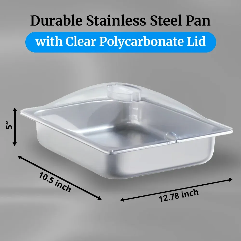 Cadco half-size stainless steam pan with lid and easy-clean design, made for electric buffet servers in catering or commercial kitchen service.