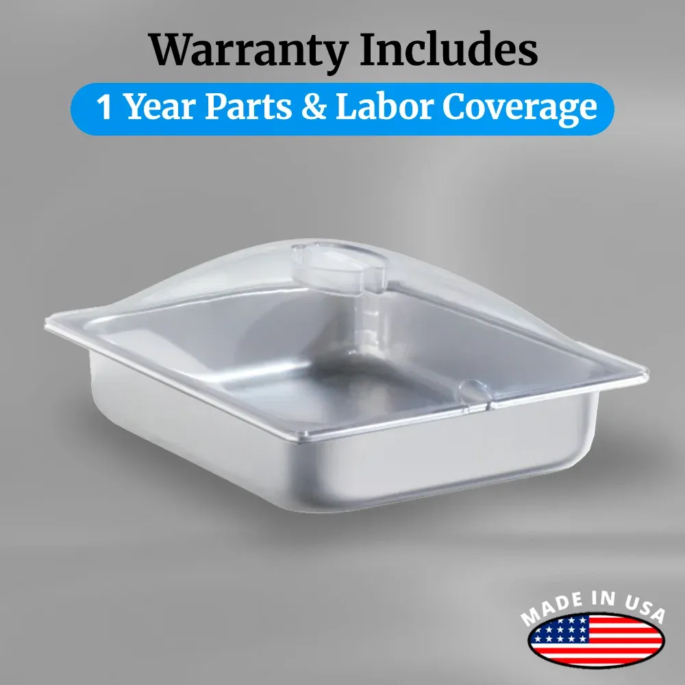 Cadco half-size stainless steam pan with lid and easy-clean design, made for electric buffet servers in catering or commercial kitchen service.