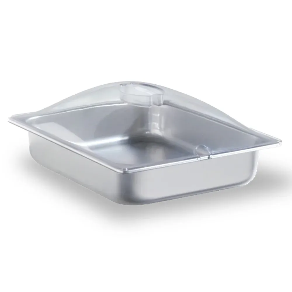 Cadco half-size stainless steam pan with lid and easy-clean design, made for electric buffet servers in catering or commercial kitchen service.