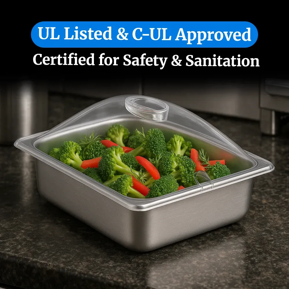 Cadco half-size stainless steam pan with lid and easy-clean design, made for electric buffet servers in catering or commercial kitchen service.