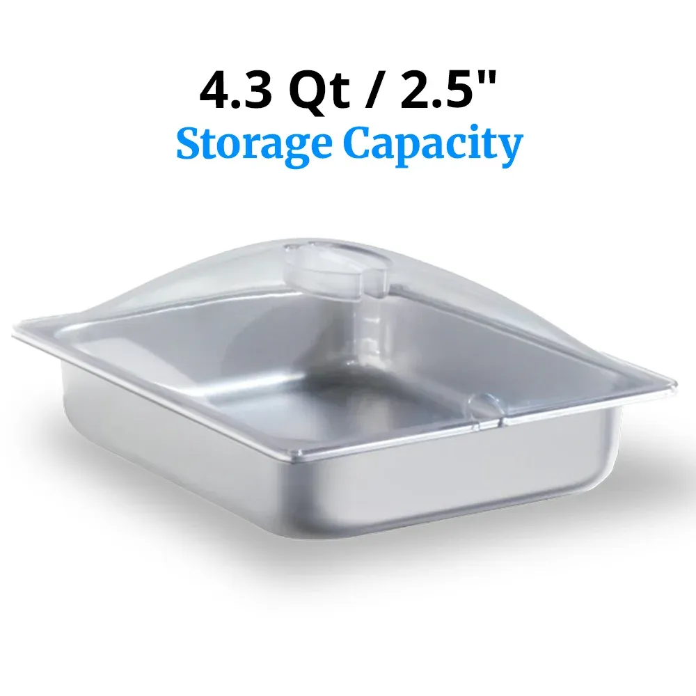 Cadco half-size stainless steam pan with lid and easy-clean design, made for electric buffet servers in catering or commercial kitchen service.
