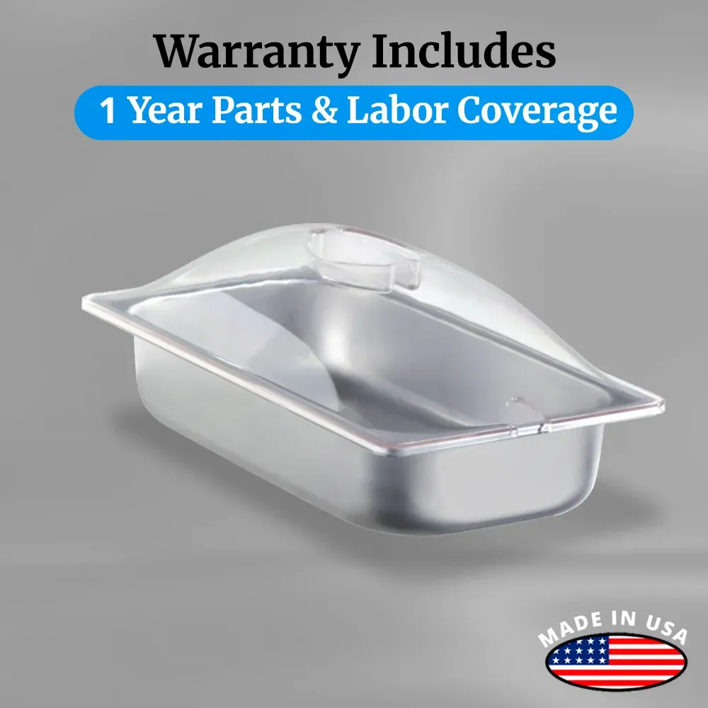 Cadco third-size stainless steam pan with lid and easy to clean, designed for electric buffet servers in catering or commercial kitchens.