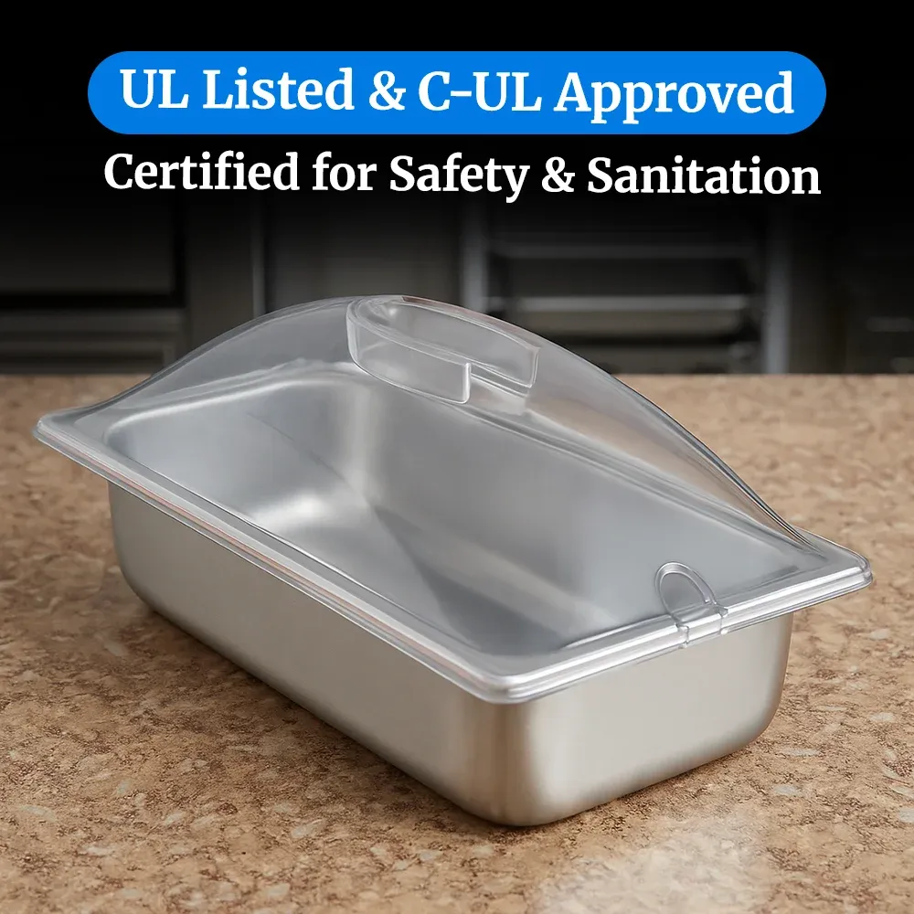 Cadco third-size stainless steam pan with lid and easy to clean, designed for electric buffet servers in catering or commercial kitchens.