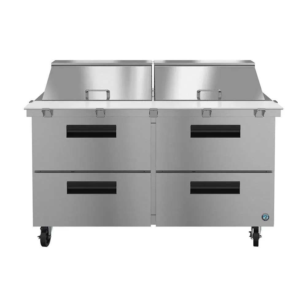 Mid size prep table from Hoshizaki America with a refrigerated base and four pans, made for efficient and easy sandwich and salad prep jobs.