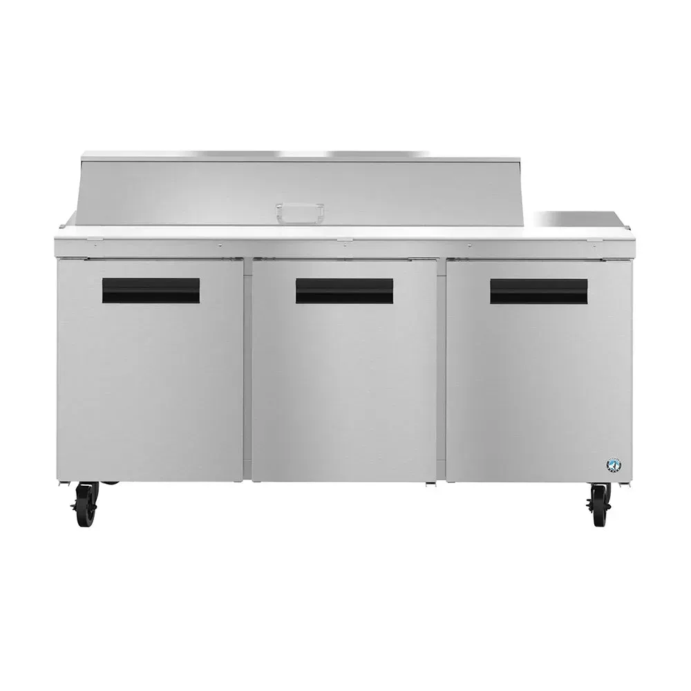 Compact refrigerated prep table by Hoshizaki America with multiple pans, offering strong, powerful cold storage space in small prep spaces.