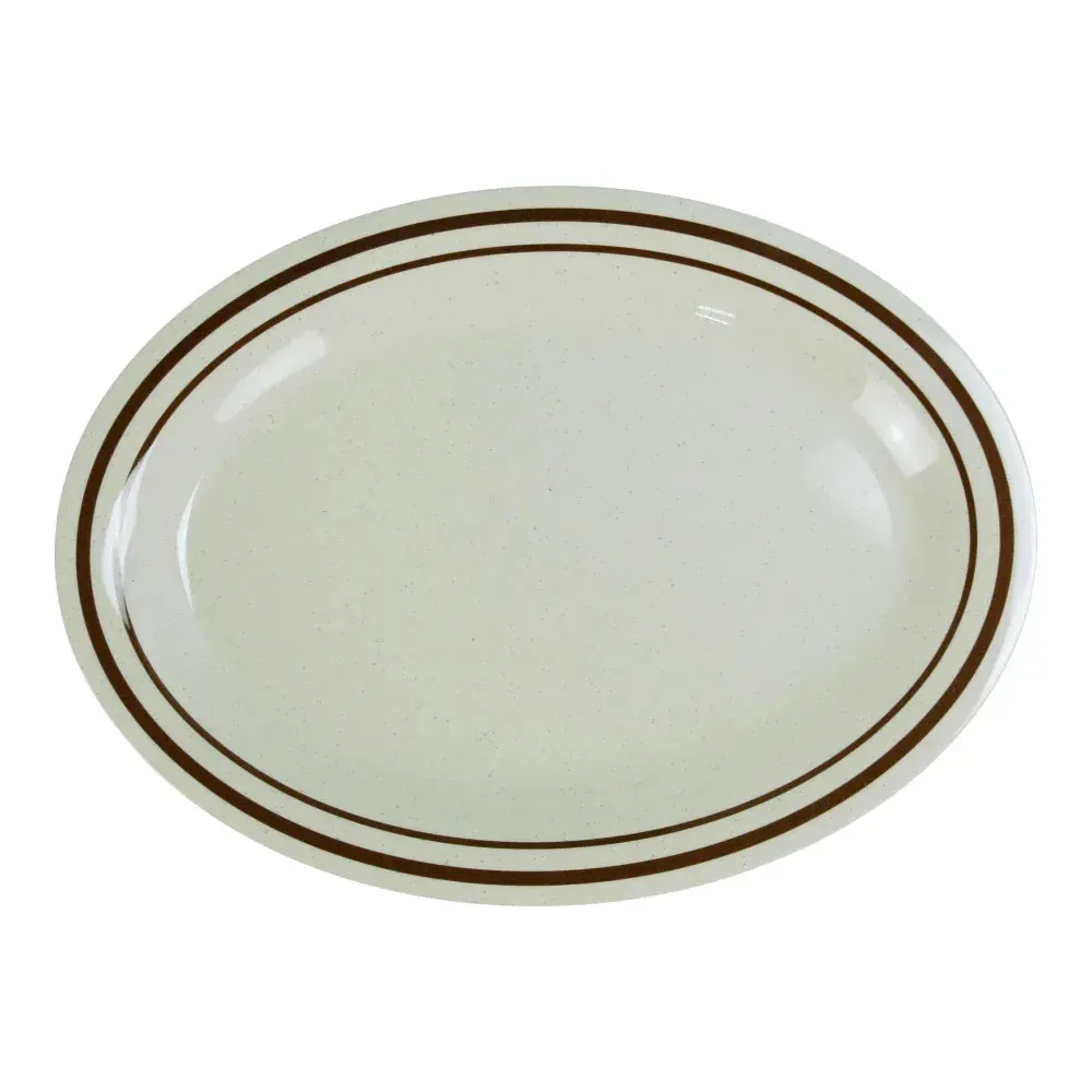 Yanco China tan melamine sesame oval platter suitable for many dishes, offering an elegant textured finish for casual or refined dining.