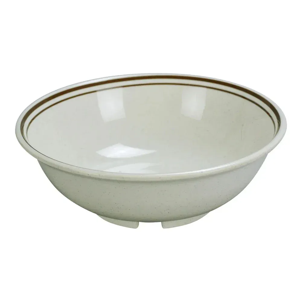 Yanco China tan melamine sesame-rimmed soup bowl ideal for soups or stews, adding a warm textured accent to casual or formal dining.