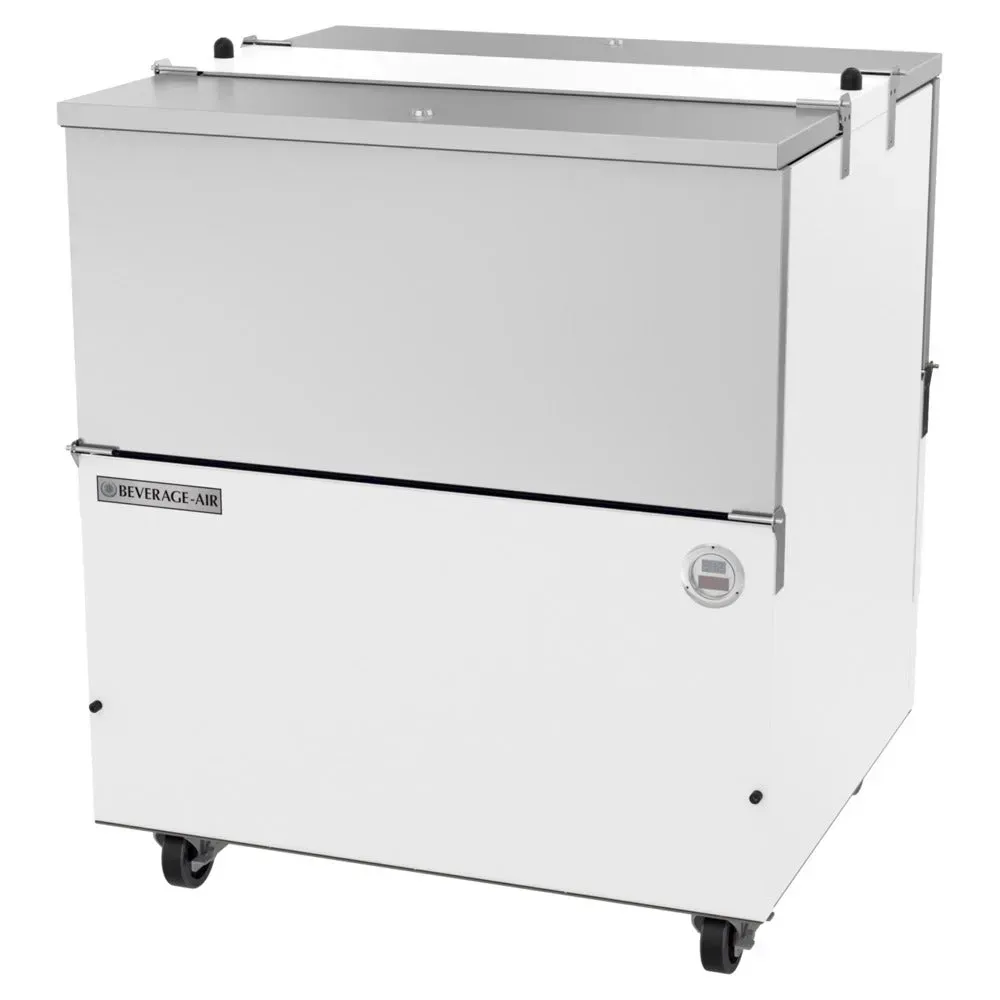 Compact white cold-wall milk cooler from Beverage-Air has a stainless interior and space-saving design for cafes, offices, or small hotels.