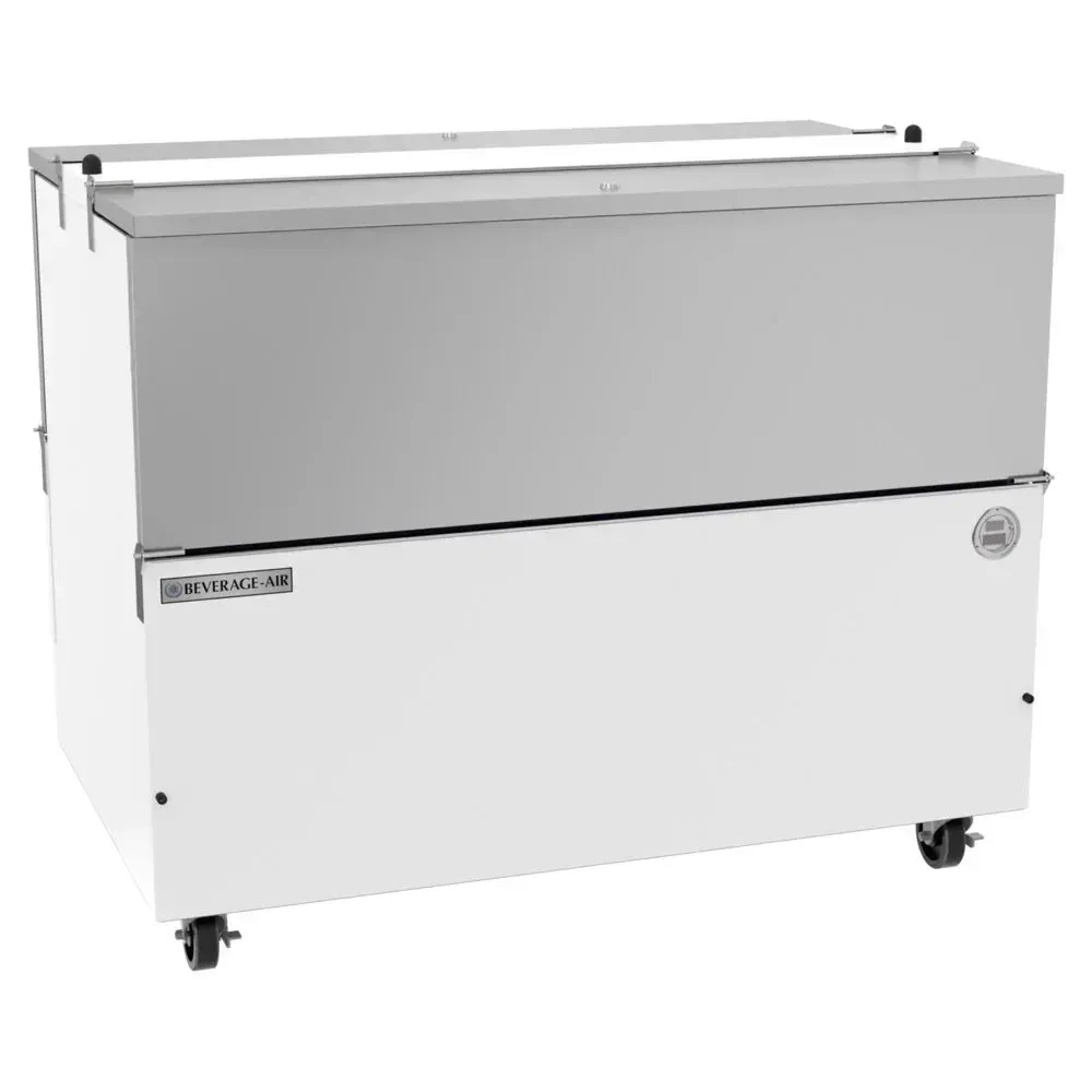 Clean Beverage-Air cold-wall milk cooler sits against a tiled wall, giving buffet lines quick and easy access to chilled milk cartons.