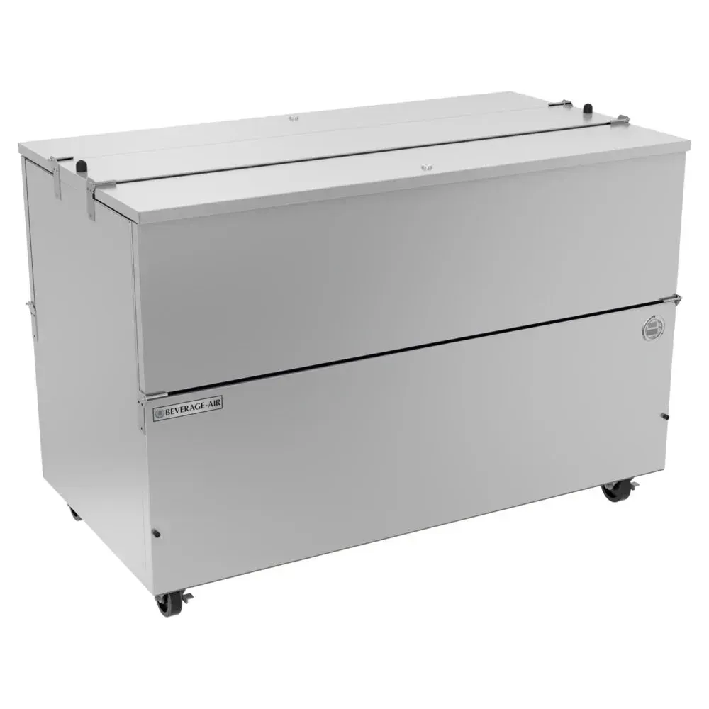 Brushed stainless cold-wall milk cooler by Beverage-Air has a spacious interior, open doors, and tough build for high-volume foodservice storage.