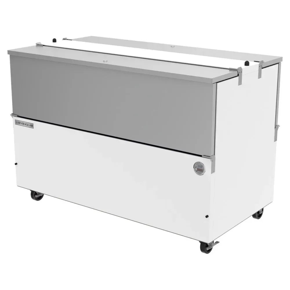 White cold-wall milk cooler from Beverage-Air has a stainless interior and ergonomic handles, perfect for organized and accessible milk storage.