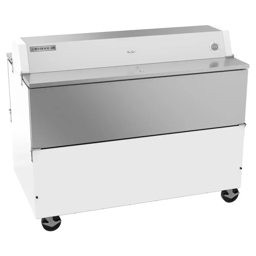 Beverage-Air white forced-air milk cooler with dual access offers quick, efficient chilled dairy storage for buffets and high-volume foodservice.