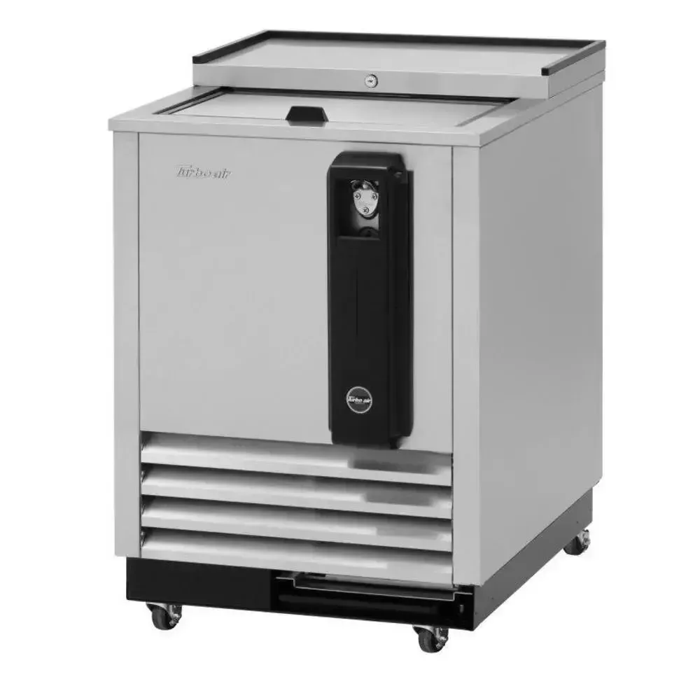 Compact stainless steel bottle cooler from Turbo Air with a single lid, front breathing LED lighting ideal for small bars or food trucks.