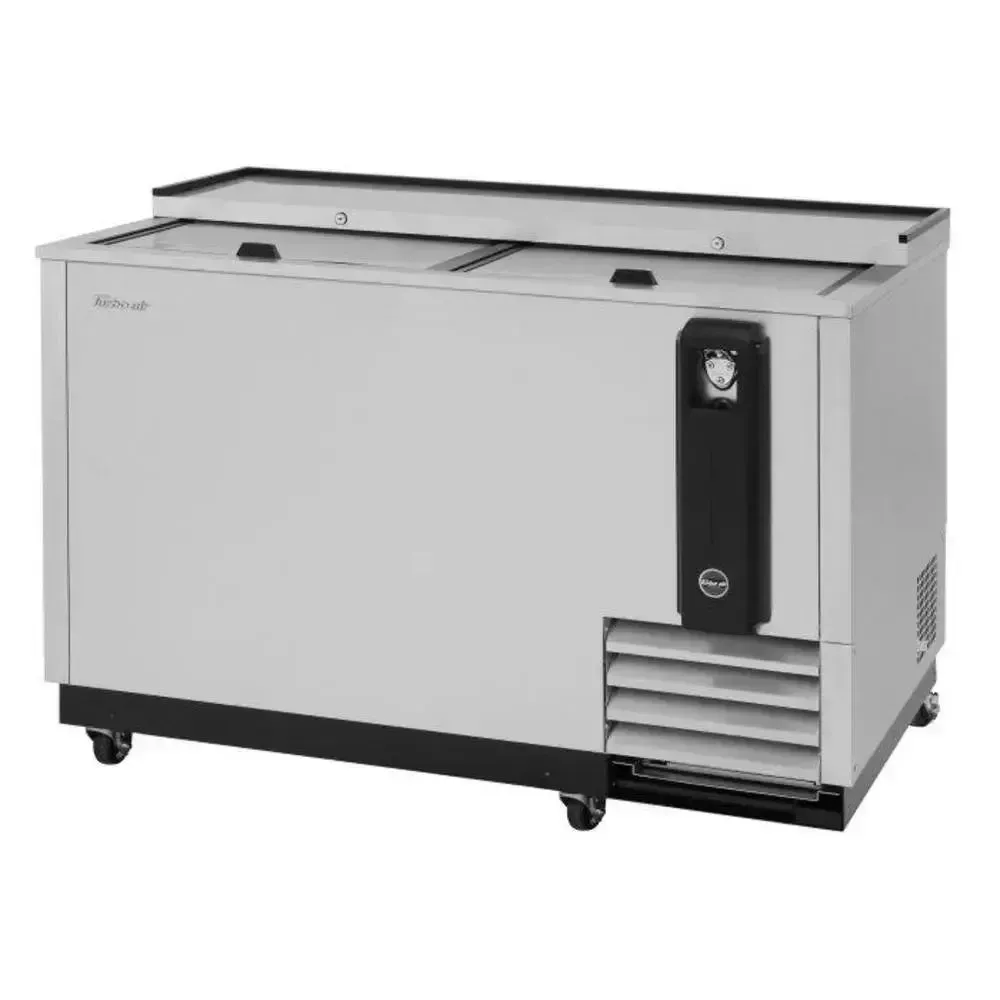 Double lid stainless steel bottle cooler from Turbo Air with robust construction and an LED interior, fits under counters in pubs or small bars.