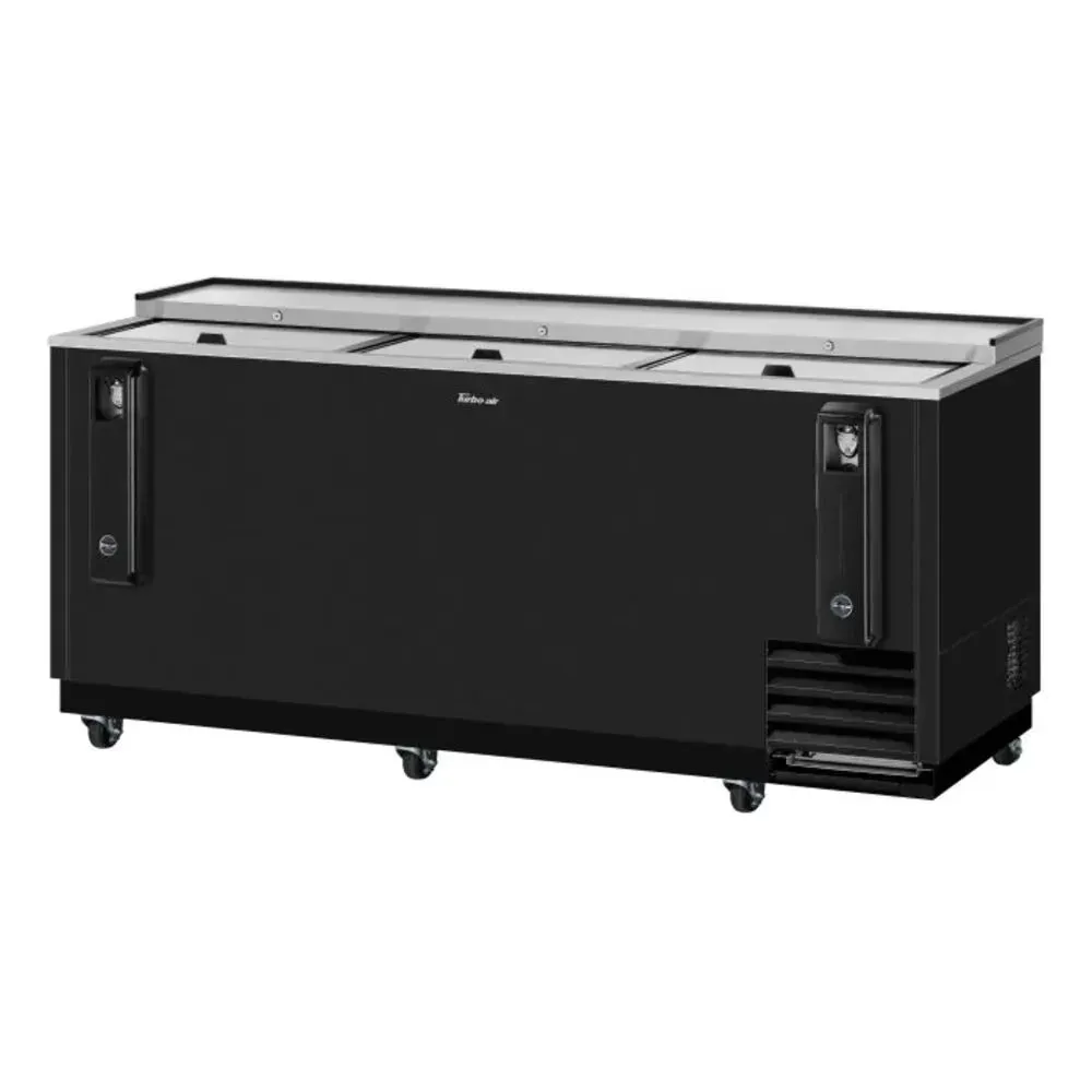 Three lid black vinyl bottle cooler by Turbo Air with a generous slide top lid design and internal LED lighting, perfect for restaurants.