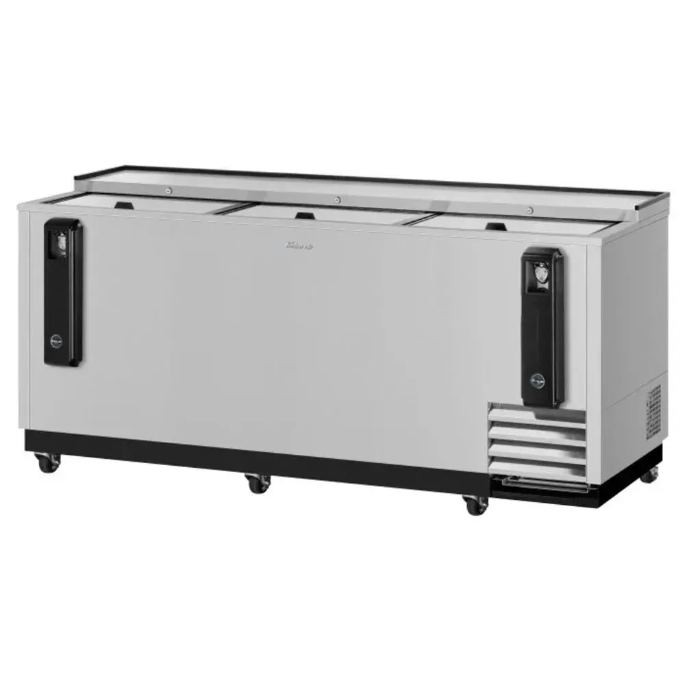 Three lid stainless steel bottle cooler from Turbo Air with a sleek finish and reliable LED lit refrigeration, built for busy nightlife venues.