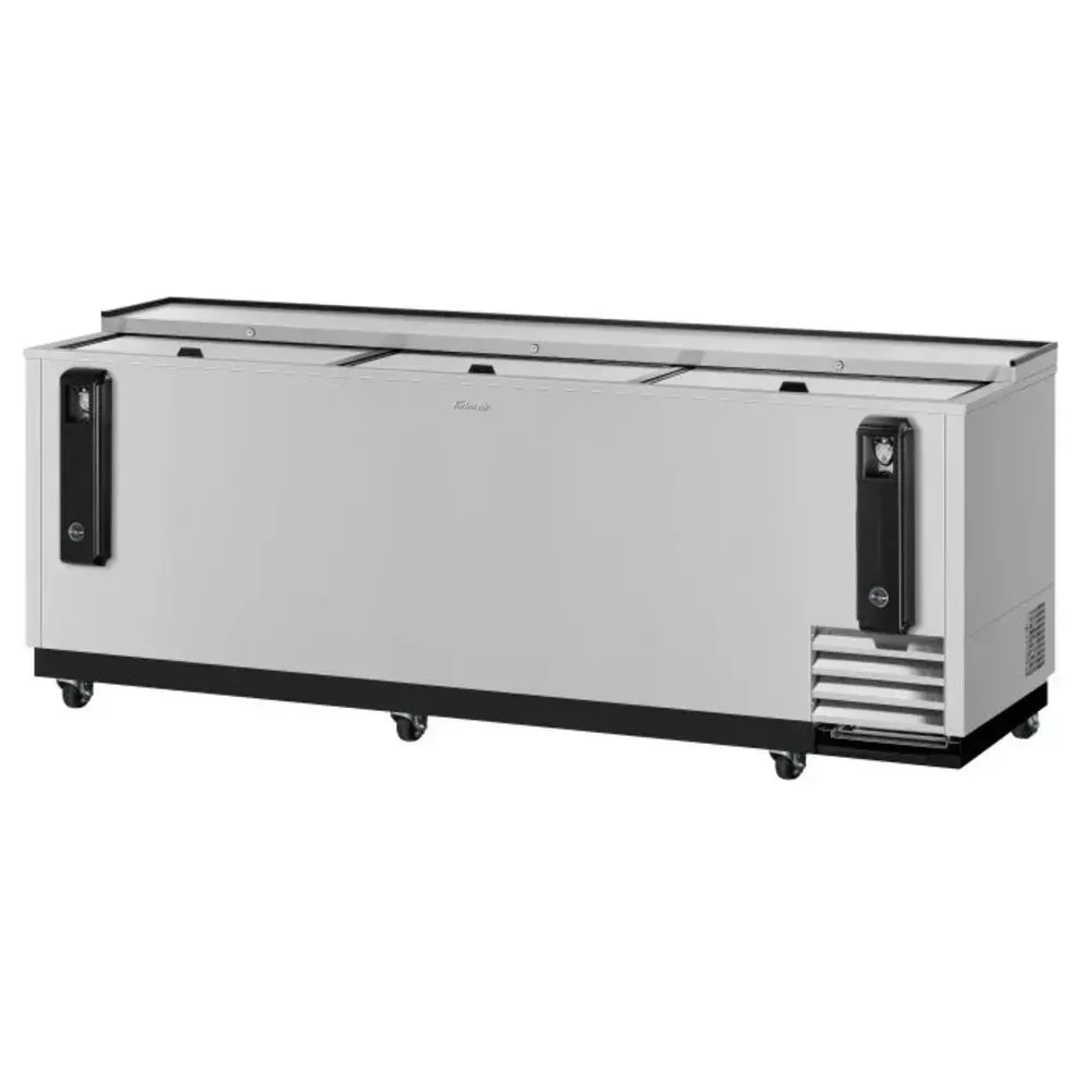 Triple lid stainless steel bottle cooler from Turbo Air with a corrosion resistant body and LED lighting, built for fast paced bar environments.