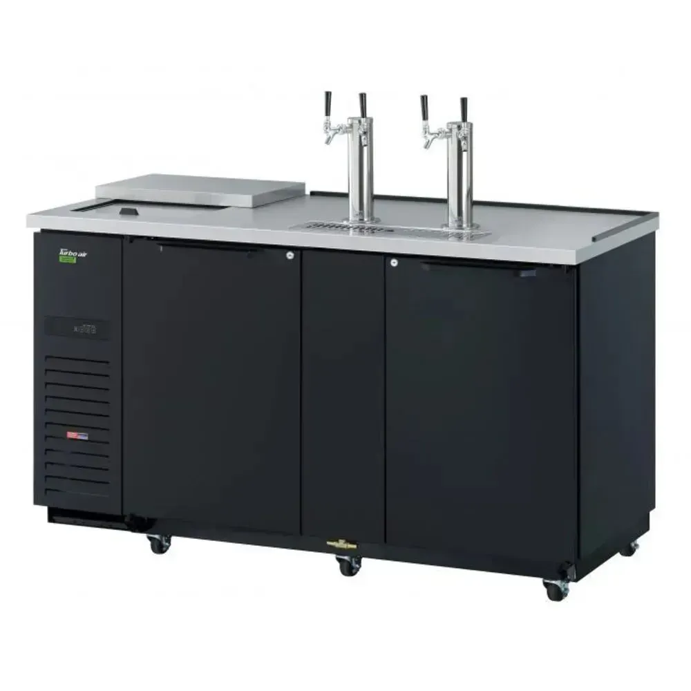 Black vinyl three keg beer dispenser from Turbo Air with a stainless interior, perfect for mid size bars offering consistent draft service.