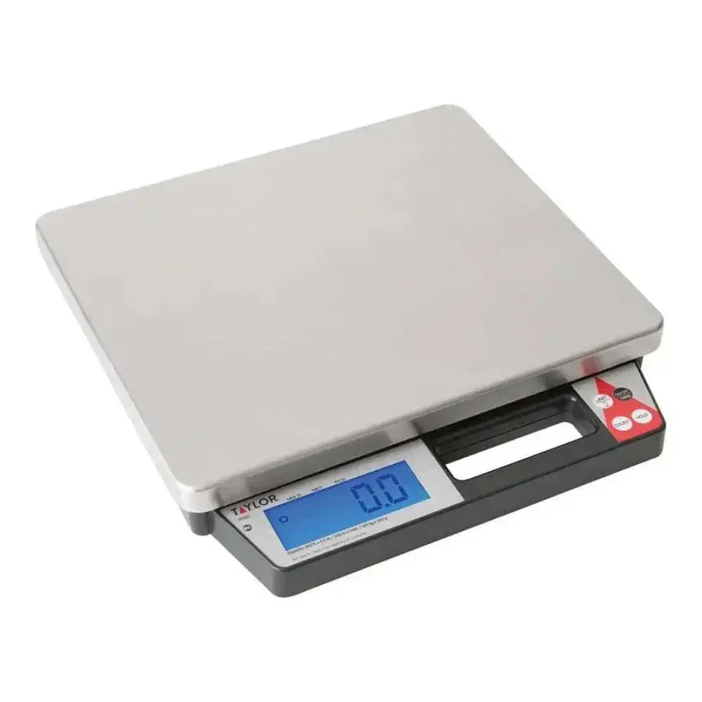 Taylor digital receiving scale with built-in handle offers portability and convenience for mobile foodservice or temporary weighing setups.