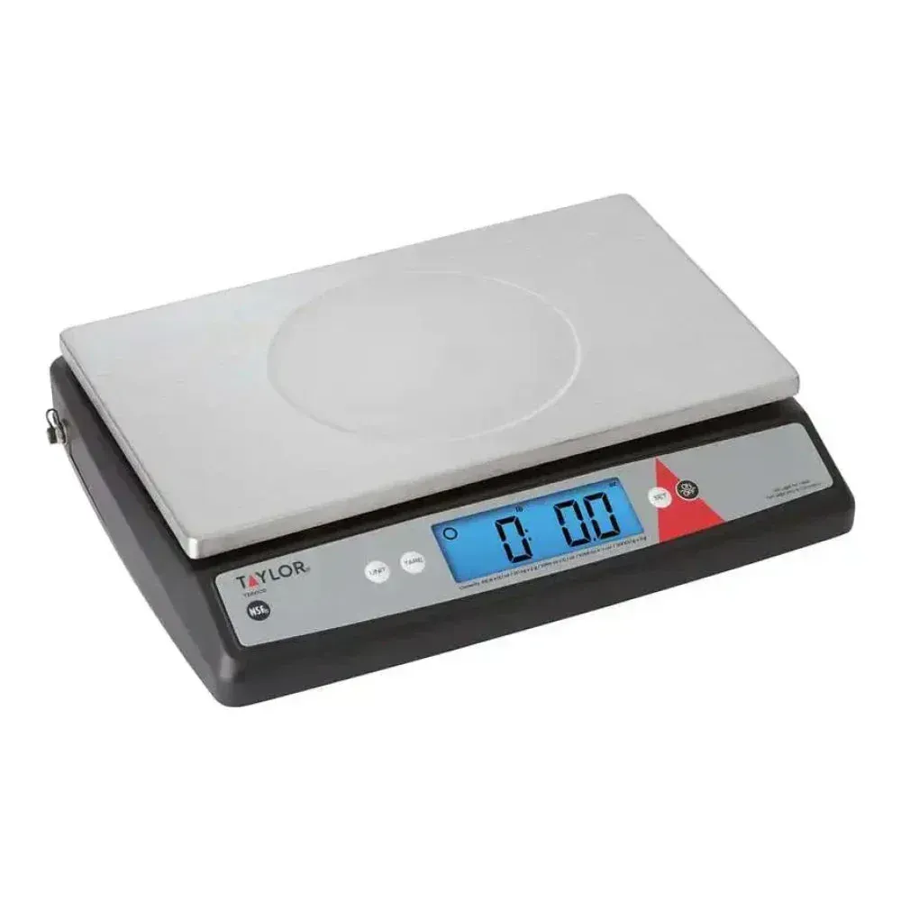 Taylor digital portion control scale with oversized platform accommodates larger items while providing precise measurement in commercial kitchens.