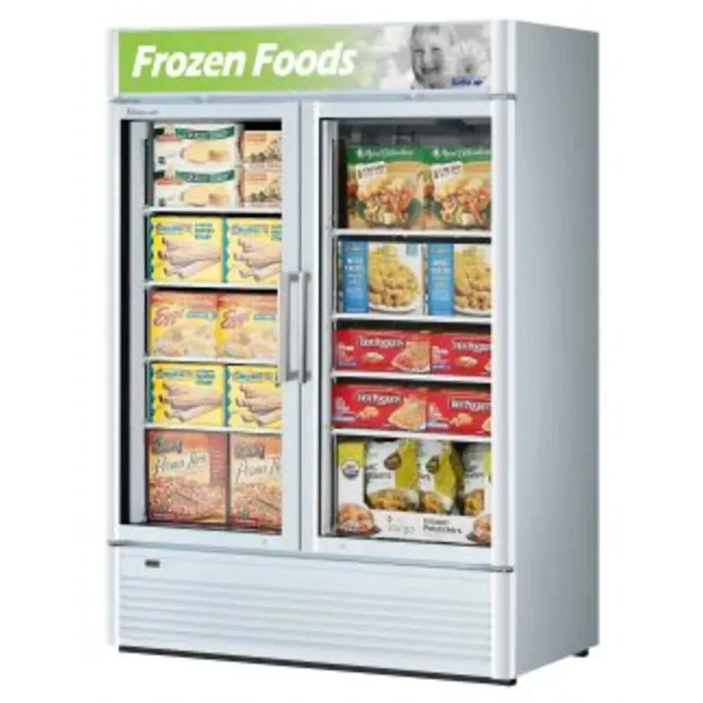 Two section super deluxe freezer by Turbo Air with glass doors and a stainless steel finish, ideal for restaurants requiring ample frozen storage.