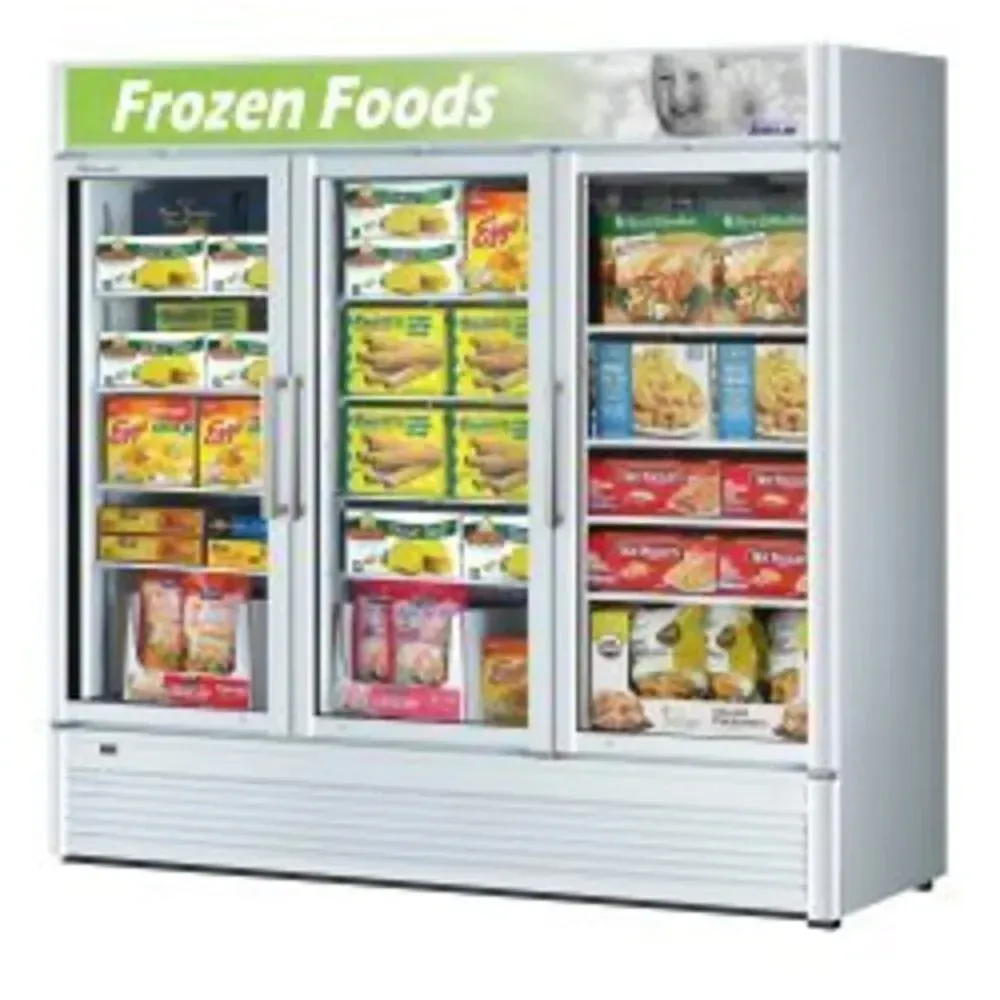 Three section super deluxe freezer from Turbo Air with clear glass doors offers expansive frozen storage for supermarkets and large retailers.