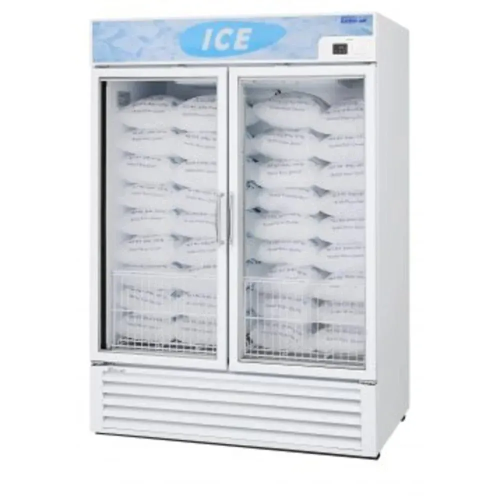 Two section ice merchandiser by Turbo Air with dual glass doors, designed for clear visibility and fast access to bagged ice in retail locations.