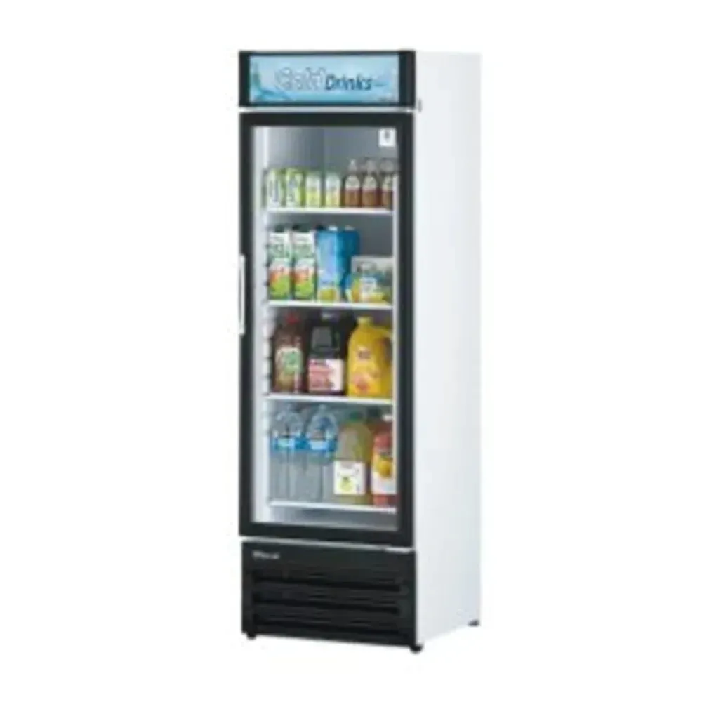 Single section glass merchandiser from Turbo Air presents beverages and frozen treats at eye level for impulse sales in cafes or small stores.