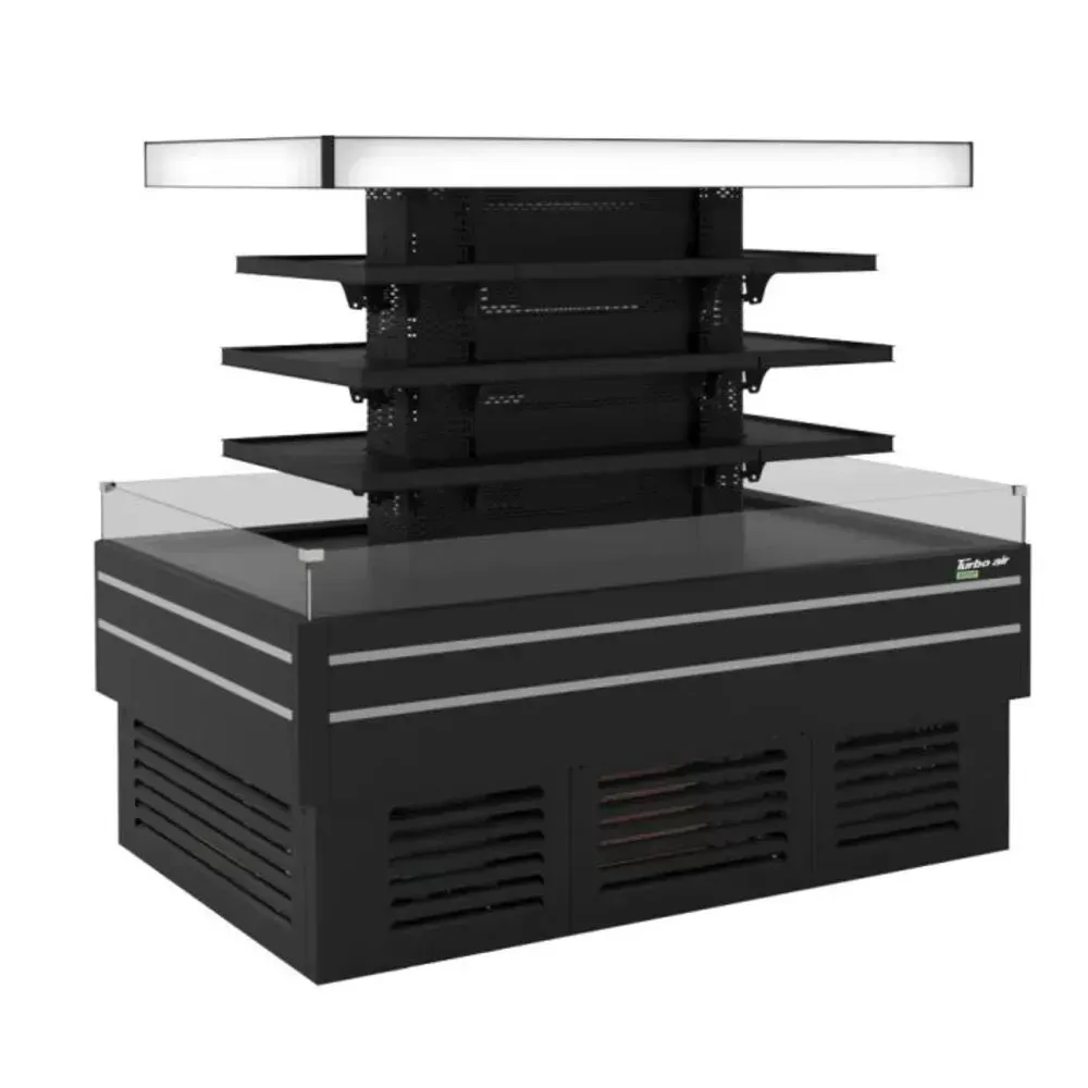Black island self serve refrigerated merchandiser by Turbo Air with an open design and LED lighting, ideal for mid size retail spaces.
